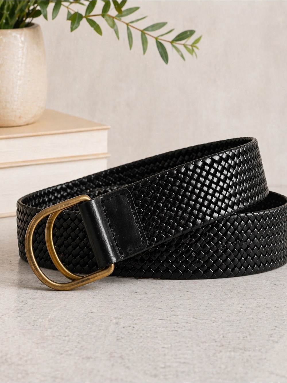 Talbots Black Woven Leather Belt with Brass Double Ring Buckle